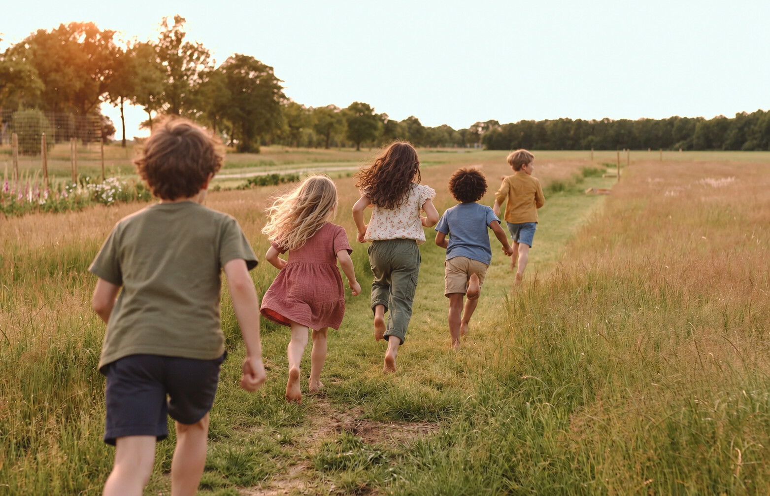 Vijf kinderen rennen door de wei
