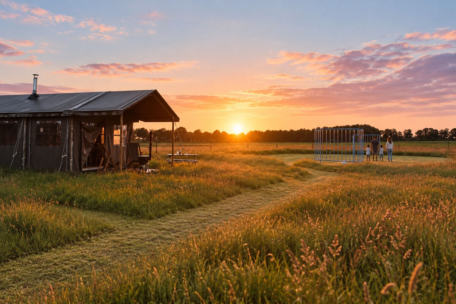 Lodge tent at De Appelsche farm near Appelscha at sunset