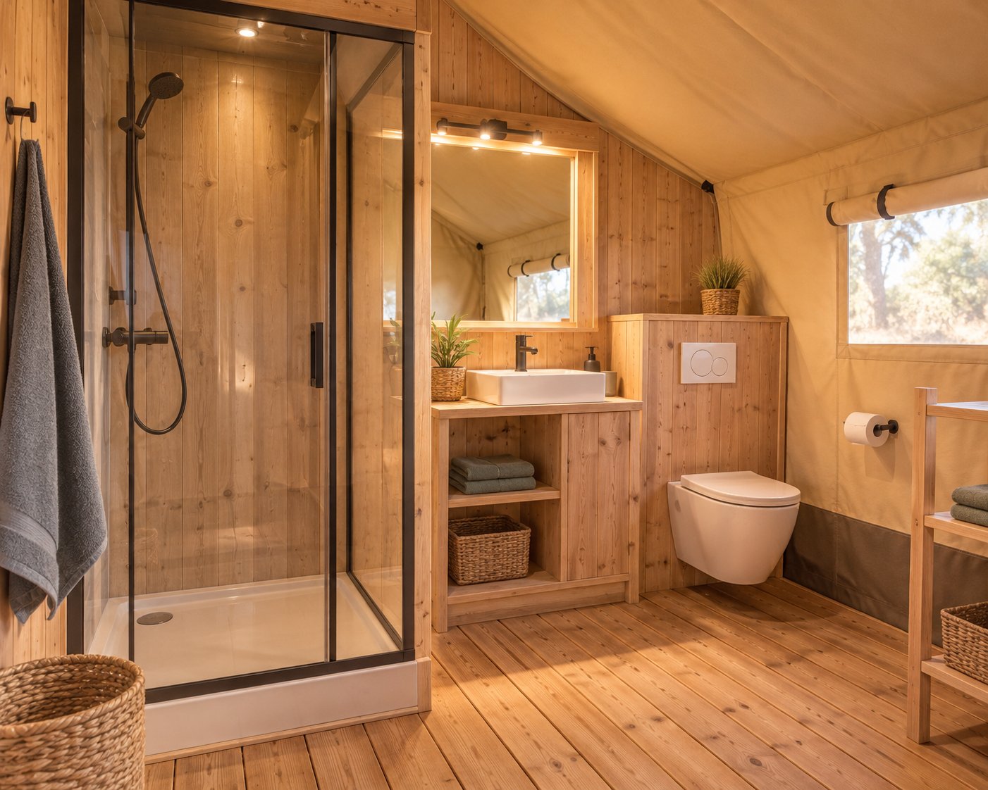 Eigen badkamer met douche in een lodgetent