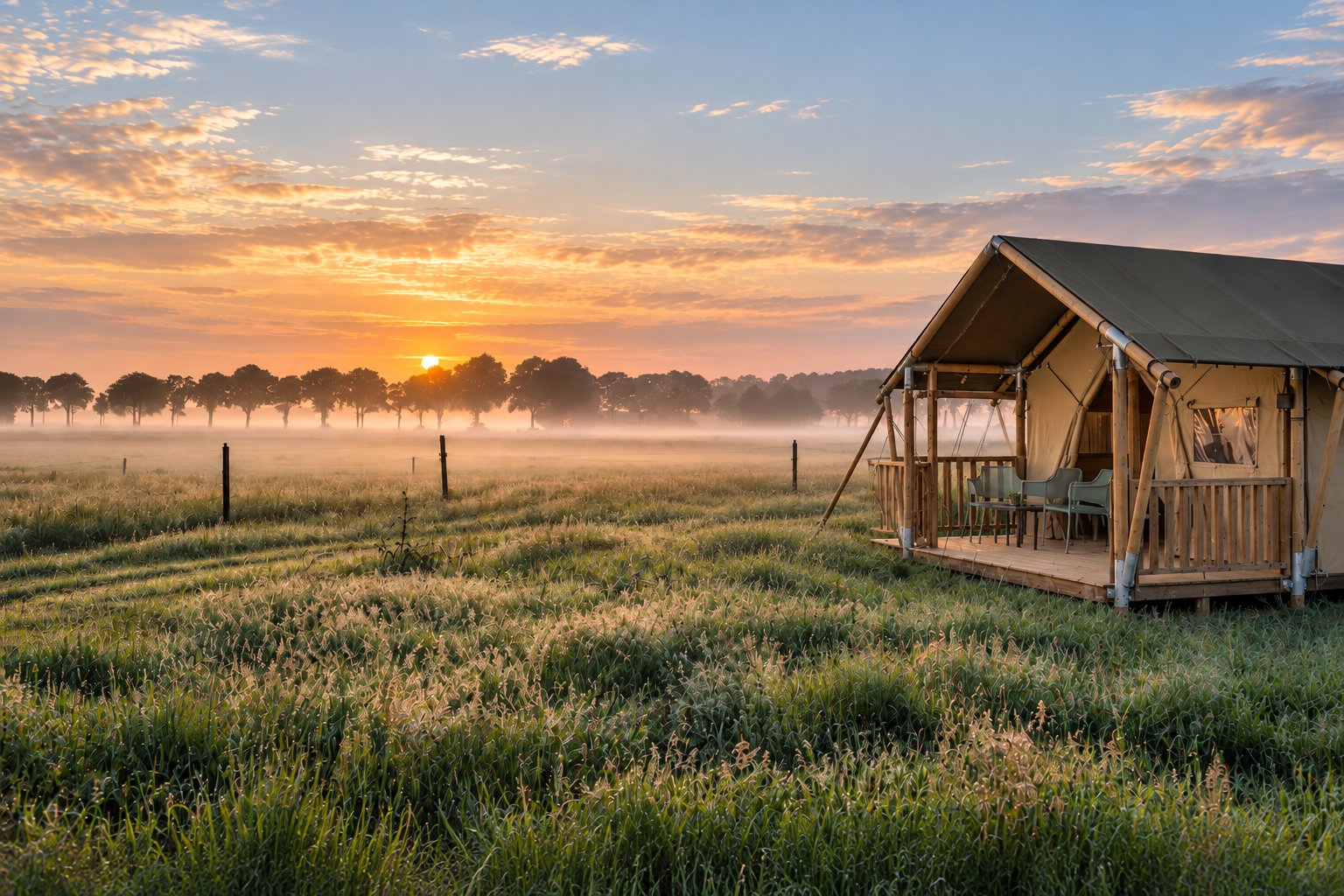 Lodgetent in de ochtendmist