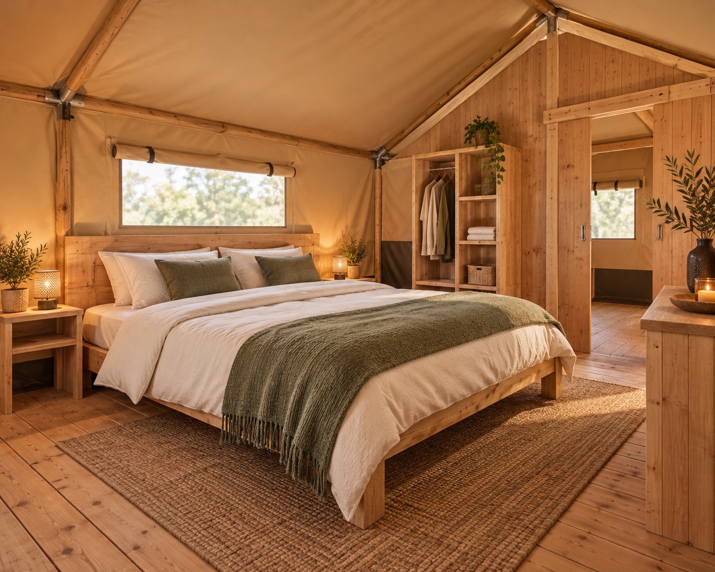 Slaapgedeelte van een lodgetent met comfortabel bed