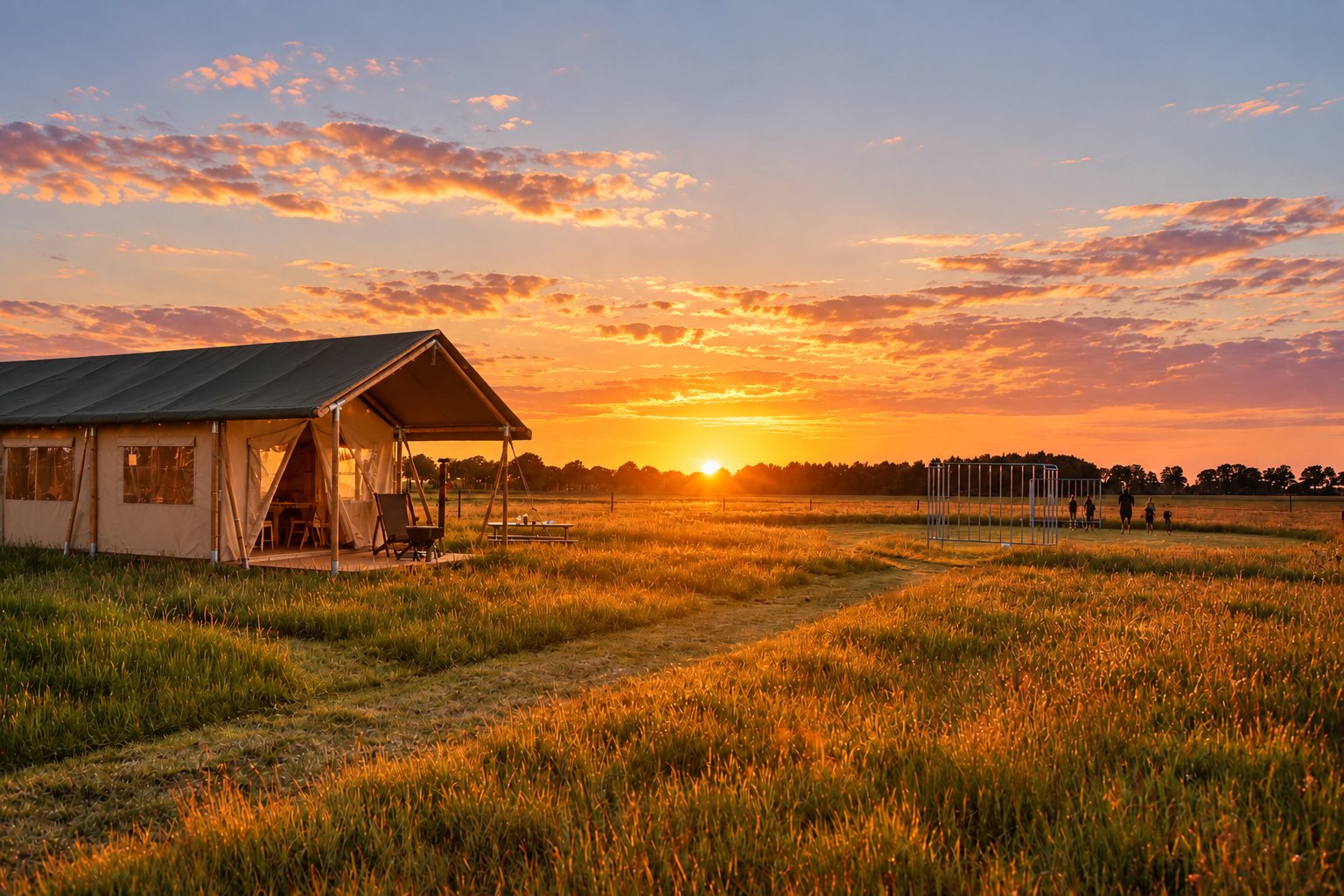 Lodgetent op het erf van De Appelsche bij zonsondergang, met het voetbaldoel op de voorgrond